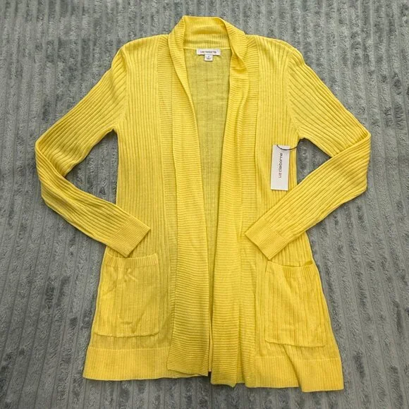 Liz Claiborne Cardigan Sweater Womens XL Yellow Open Front Ribbed Knit Pockets - Picture 7 of 9
